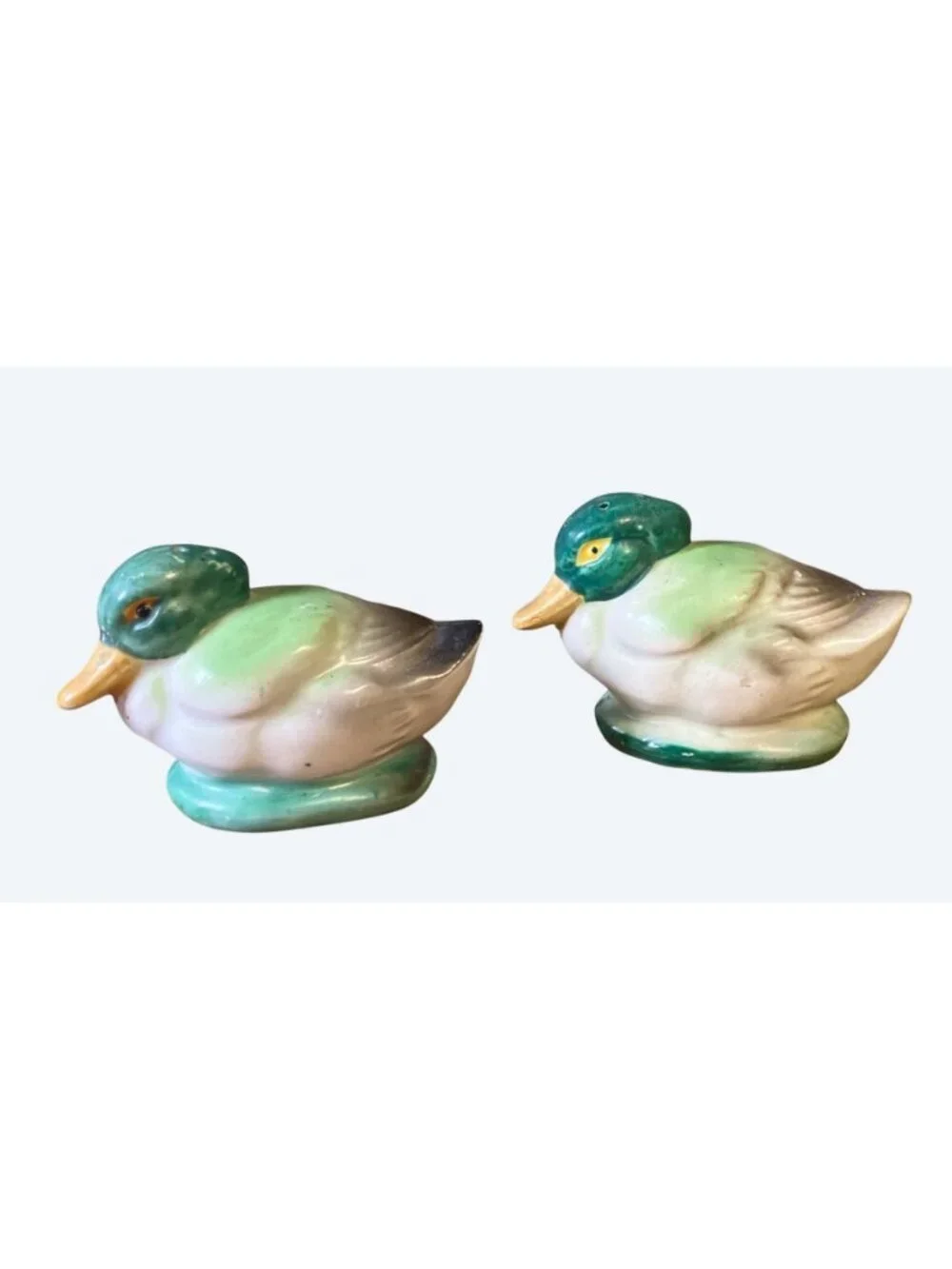 Vintage Ceramic Duck Salt Pepper Shakers Hand Painted Green Yellow Mallard Pair